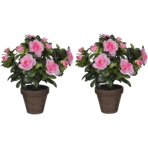 Mica Decorations Kunstplant - 2x - Azalea - groen/lichtroze - 27 cm - Met mooie bloemen -