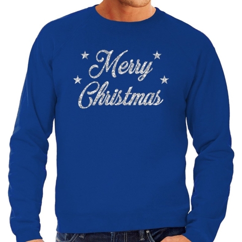 Kersttrui Merry Christmas zilveren glitter letters blauw heren L (52) -