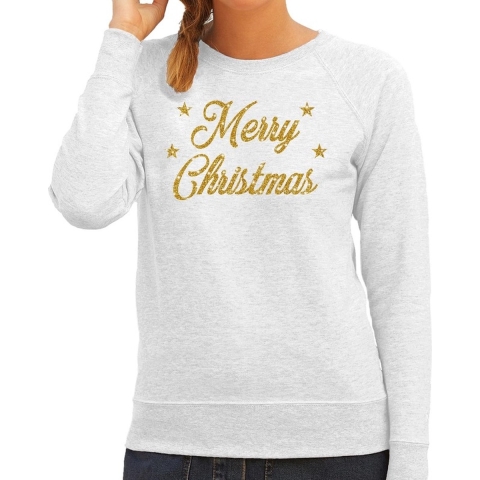 Kersttrui Merry Christmas gouden glitter letters grijs dames XL (42) -