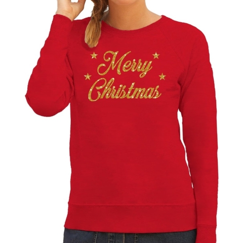 Kersttrui Merry Christmas gouden glitter letters rood dames XS (34) -