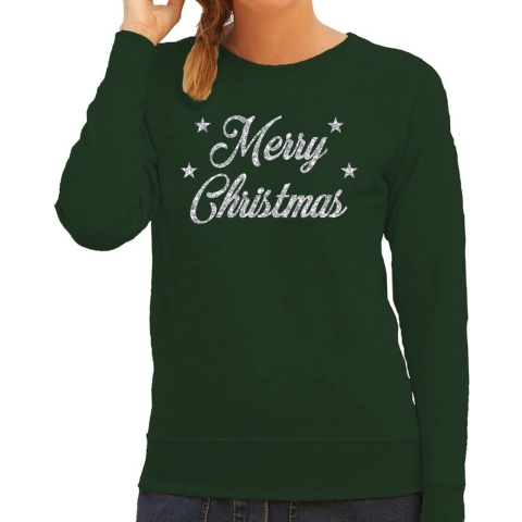 Kersttrui Merry Christmas zilveren glitter letters groen dames 2XL (44) -