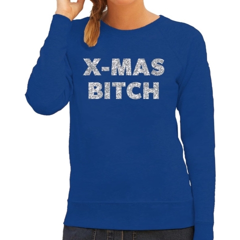 Kersttrui Christmas Bitch zilveren glitter letters blauw dames XS (34) -
