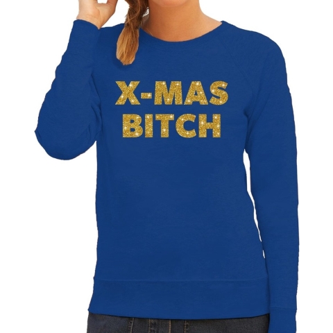 Kersttrui Christmas Bitch gouden glitter letters blauw dames XS (34) -