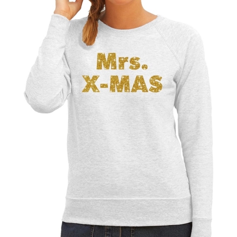 Kersttrui Mrs. x-mas gouden glitter letters grijs dames XS (34) -