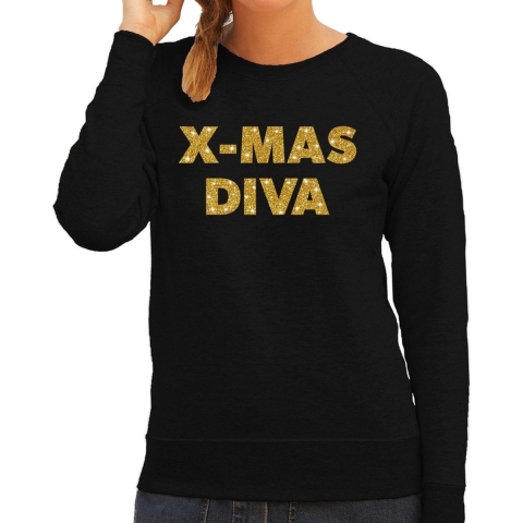 Kersttrui Christmas Diva gouden glitter letters zwart dames M (38) -