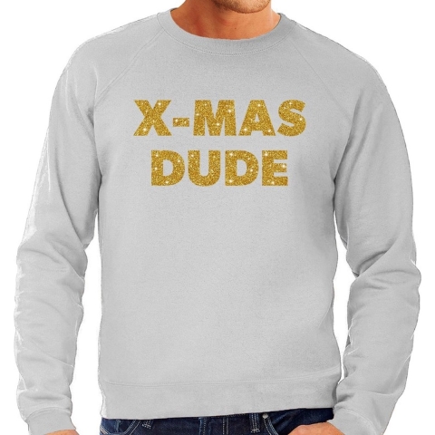 Foute Kersttrui x-mas dude gouden glitter letters grijs heren S (48) -