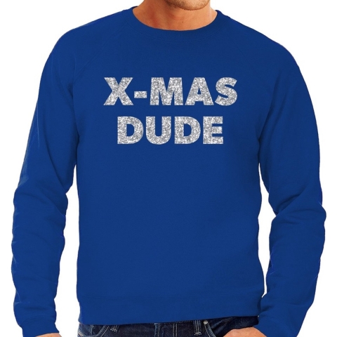 Foute Kersttrui x-mas dude zilveren glitter letters blauw heren S (48) -