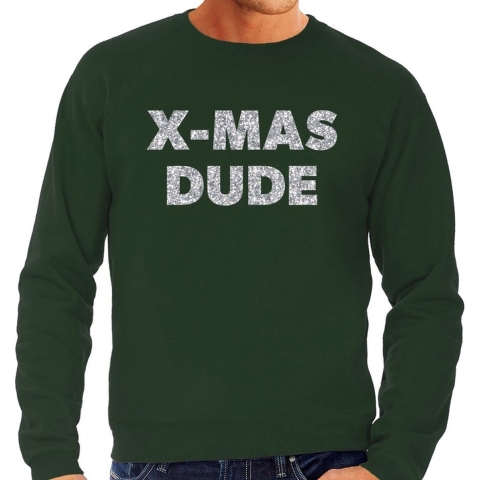 Foute Kersttrui x-mas dude zilveren glitter letters groen heren M (50) -