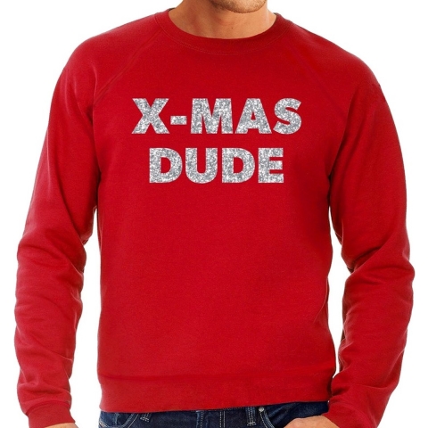 Foute Kersttrui x-mas dude zilveren glitter letters rood heren M (50) -