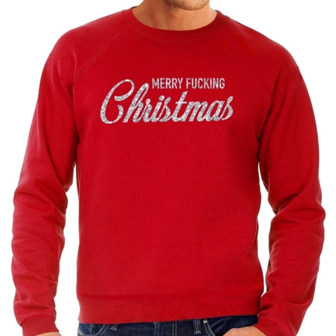 Kersttrui Merry Fucking Christmas zilver glitter rood heren 2XL (56) -