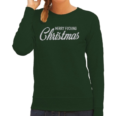 Kersttrui Merry Fucking Christmas zilver glitter groen dames XS (34) -