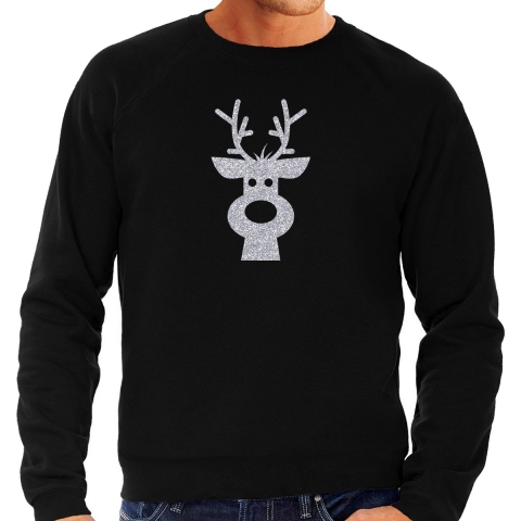 Rendier hoofd Kerst sweater / trui zwart voor heren met zilveren glitter bedrukking S -