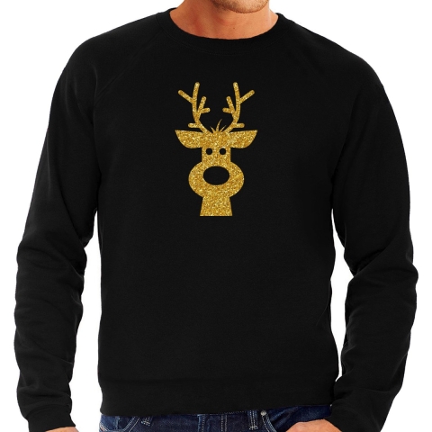 Rendier hoofd Kerst sweater / trui zwart voor heren met gouden glitter bedrukking 2XL -