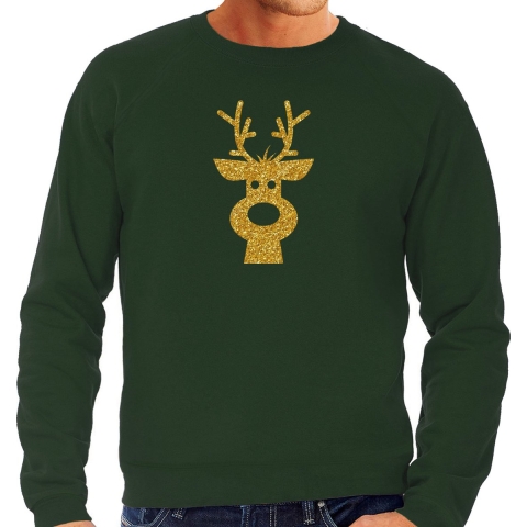 Rendier hoofd Kerst sweater / trui groen voor heren met gouden glitter bedrukking XL -