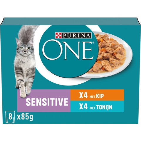 5x Purina ONE Adult Sensitive Kattenvoer Nat Kip&Tonijn 8 x 85 gr