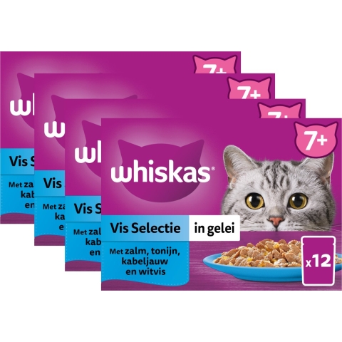 4x Whiskas 7+ Vis Selectie in Gelei Maaltijdzakjes Multipack 12 x 85 gr