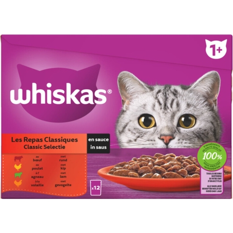 4x Whiskas 1+ Classic Selectie in Saus Maaltijdzakjes Multipack 12 x 85 gr