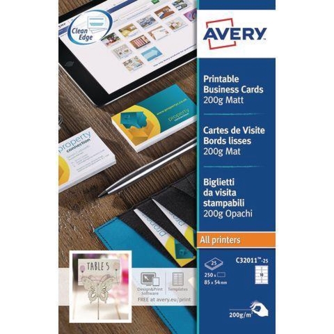 Avery-Zweckform C32011-25 Bedrukbare visitekaarten, gladde kant 85 x 54 mm Wit 250 stuk(s) Papierformaat: DIN A4