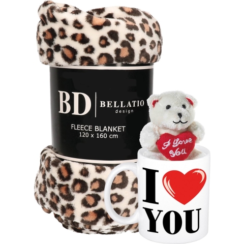 Valentijn cadeau set - Fleece plaid/deken luipaard print met I love you mok en beertje -