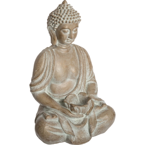 Boeddha beeld zittend - binnen/buiten - kunststeen - beige gebleekt - 39 cm -