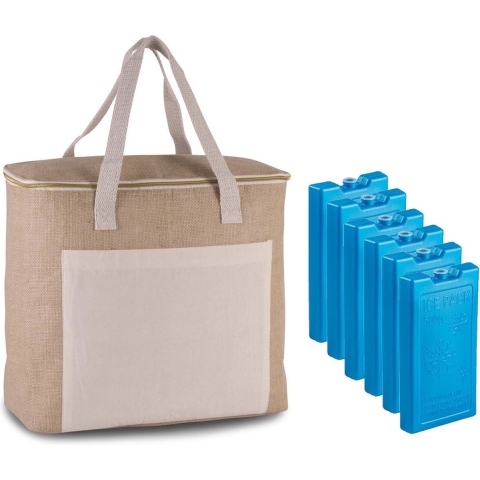 Grote koeltas jute/canvas 20 liter en 38 x 32 x 16 cm met 6x stuks koelelementen blauw -