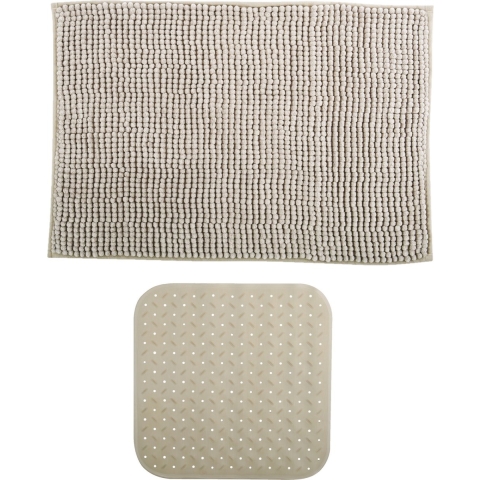 MSV Douche anti-slip mat en droogloop mat - Sevilla badkamer set - rubber/microvezel - beige -