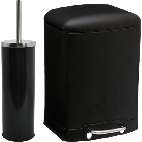 MSV Badkamer accessoires set - zwart - metaal - pedaalemmer 6L en toiletborstel in houder -