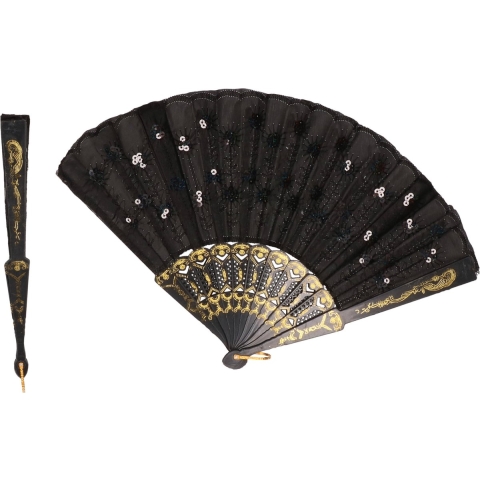 10x stuks zwarte Spaanse waaiers met pailletten -
