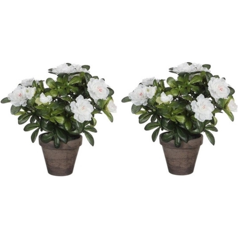 Mica Decorations Kunstplant - 2x - Azalea - groen/wit - 27 cm - Met mooie bloemen -