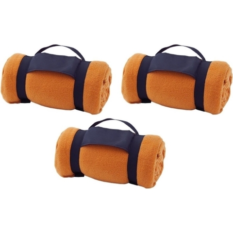 3x Fleece dekens/plaids oranje afneembaar handvat 160 x 130 cm -