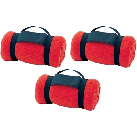 Fleece deken/plaid met afneembaar handvat - 3x - rood - 160 x 130 cm - warme bank dekentje -