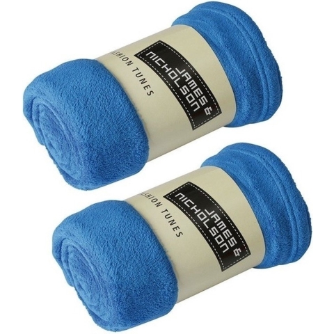 2x Fleece dekens/plaids kobaltblauw 120 x 160 cm -