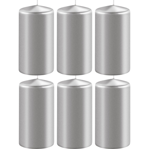 6x Metallic zilveren cilinderkaarsen/stompkaarsen 6 x 12 cm 45 branduren -