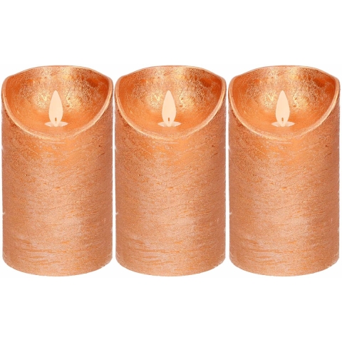 Led kaars/stompkaars - 3x - koper - H12,5 x D7,5 cm - wax - warm wit licht - bewegende vlam -
