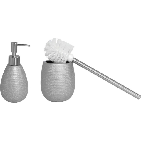 WC-/toiletborstel houder polystone met zeeppompje 280 ml zilver kleurig -