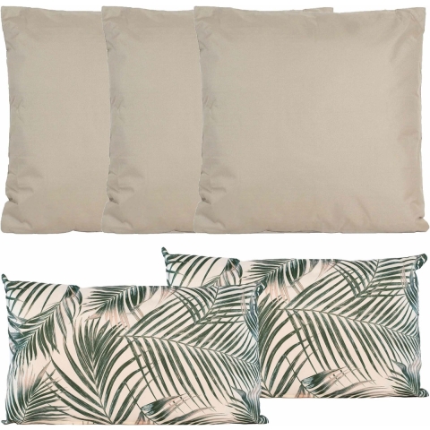 Bank/tuin kussens set - binnen/buiten - 5x stuks - taupe/palm print - In 2 formaten laag/hoog -