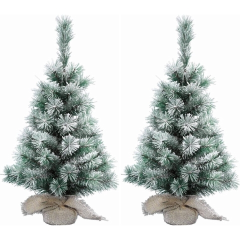 2x Stuks mini kerstboom met sneeuw 60 cm in jute zak -