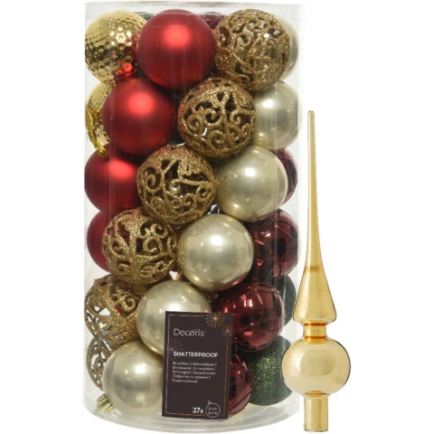 Kunststof kerstballen 37x st - rood/goud/parel/groen - 6 cm - met glazen piek -