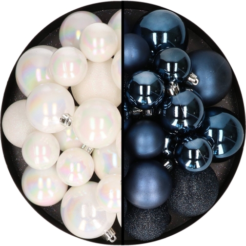 Kerstballen 60x stuks - mix parelmoer wit/donkerblauw - 4-5-6 cm - kunststof -