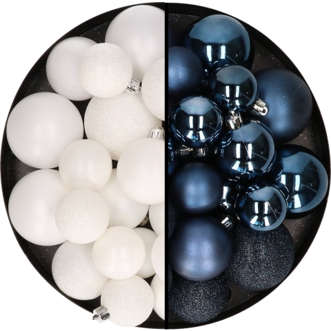 Kerstballen 60x stuks - mix wit/donkerblauw - 4-5-6 cm - kunststof -
