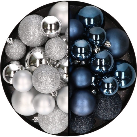 Kerstballen 60x stuks - mix zilver/donkerblauw - 4-5-6 cm - kunststof -
