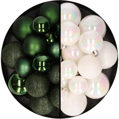 Decoris kerstballen 60x stuks - mix donkergroen/parelmoer wit - 4-5-6 cm - kunststof -