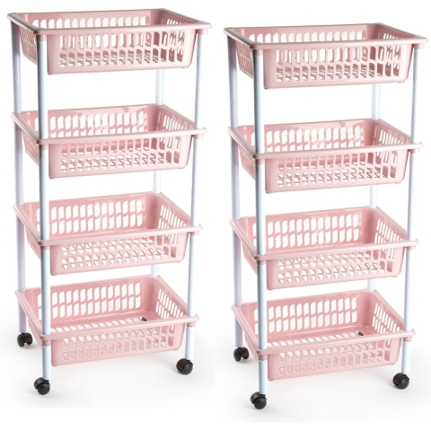 2x stuks opberger/organiser trolley/roltafel met 4 manden 85 cm oud roze -
