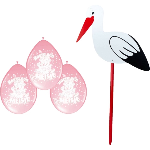Geboorte versiering meisje - ooievaar geboorte bord - 100 cm hoog - 8x roze ballonnen -