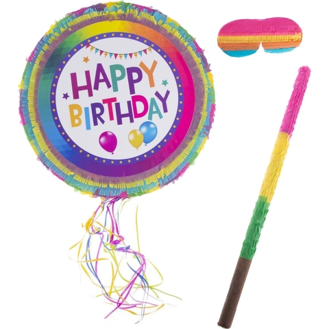 Verjaardag Pinata Happy Birthday - 50 x 50 cm - papier - set met stok en masker -
