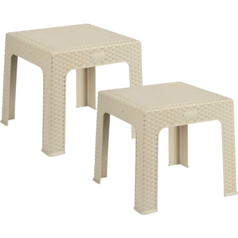 Set van 2x stuks rotan bijzettafeltjes/plantenverhogers creme/beige 42 cm hoog -