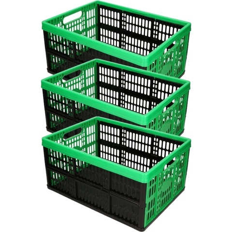 3x stuks opvouwbare kratten/inklapbare boodschappen kisten zwart/groen 48 x 35 x 24 cm -