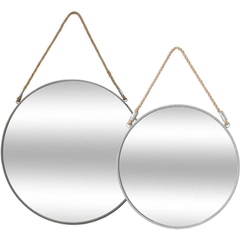 Set van 2x spiegels/wandspiegels rond metaal grijs met touw -