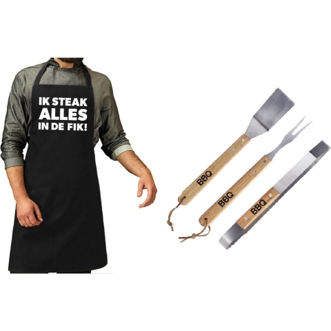 Luxe barbecue gereedschap set met houten handgrepen 3-delig RVS met zwart schort Ik steak alles in d -