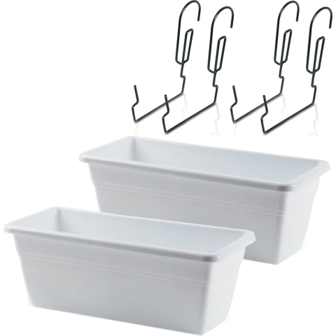 3x stuks reling Plantenbakken wit rechthoekig 40 x 18 x 15 cm met kunststof beugels -